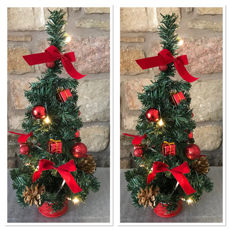 2 x Mini Christmas Trees Decorated with Baubles, Bows and Lights 45cm Desktop