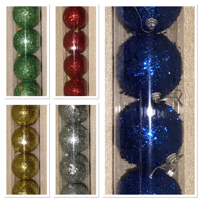 8 x Christmas Glitter Baubles Gold, Silver, Red, Blue, Green